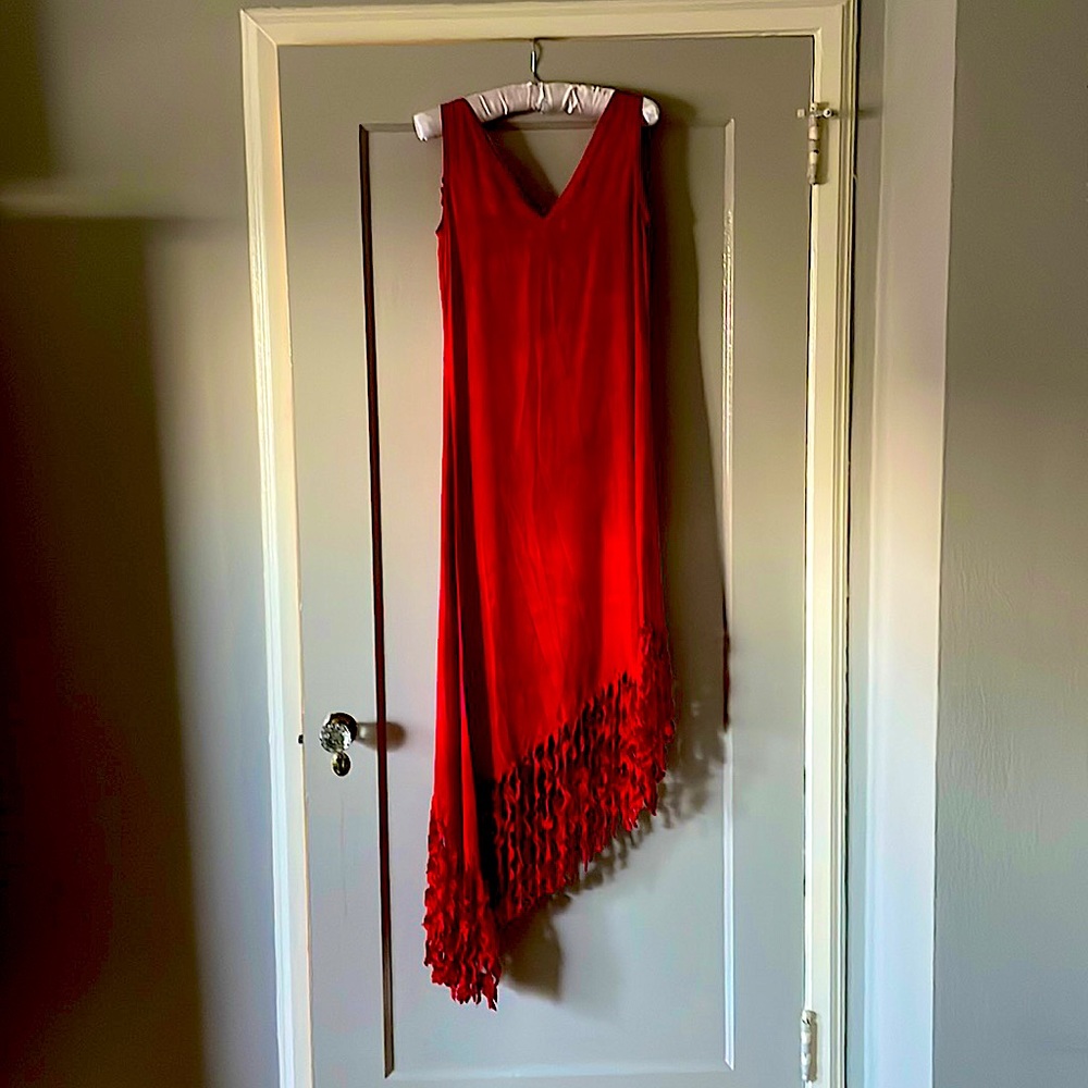 Red, silk high-low full/ankle length dress